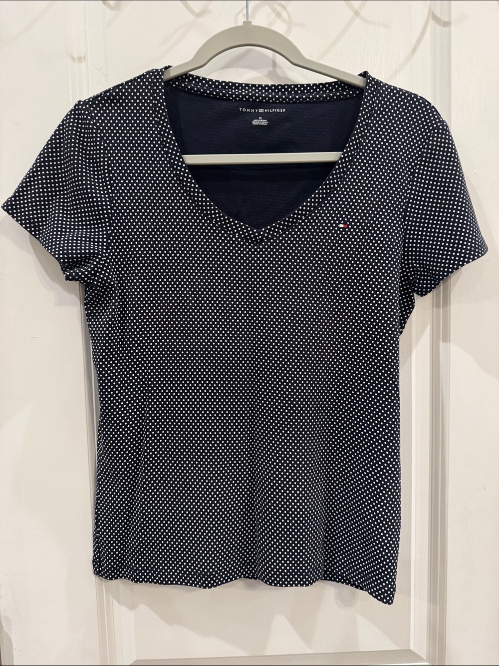 Tommy Hilfiger Navy Polka Dot V-Neck Fitted Short Sleeve Tee